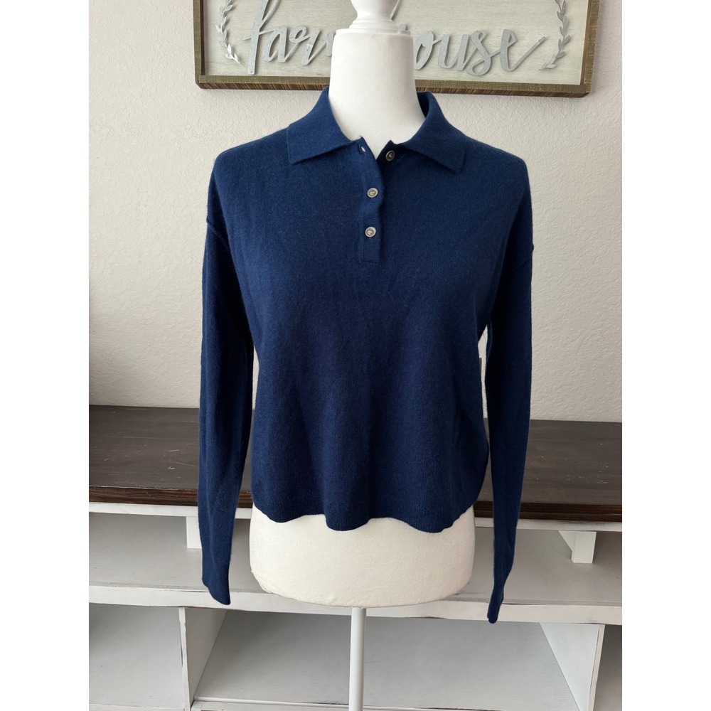 NWT Pilcro Jensen 100% Cashmere Crop Polo Sweater Anthropologie Size XS Navy - Picture 2 of 10